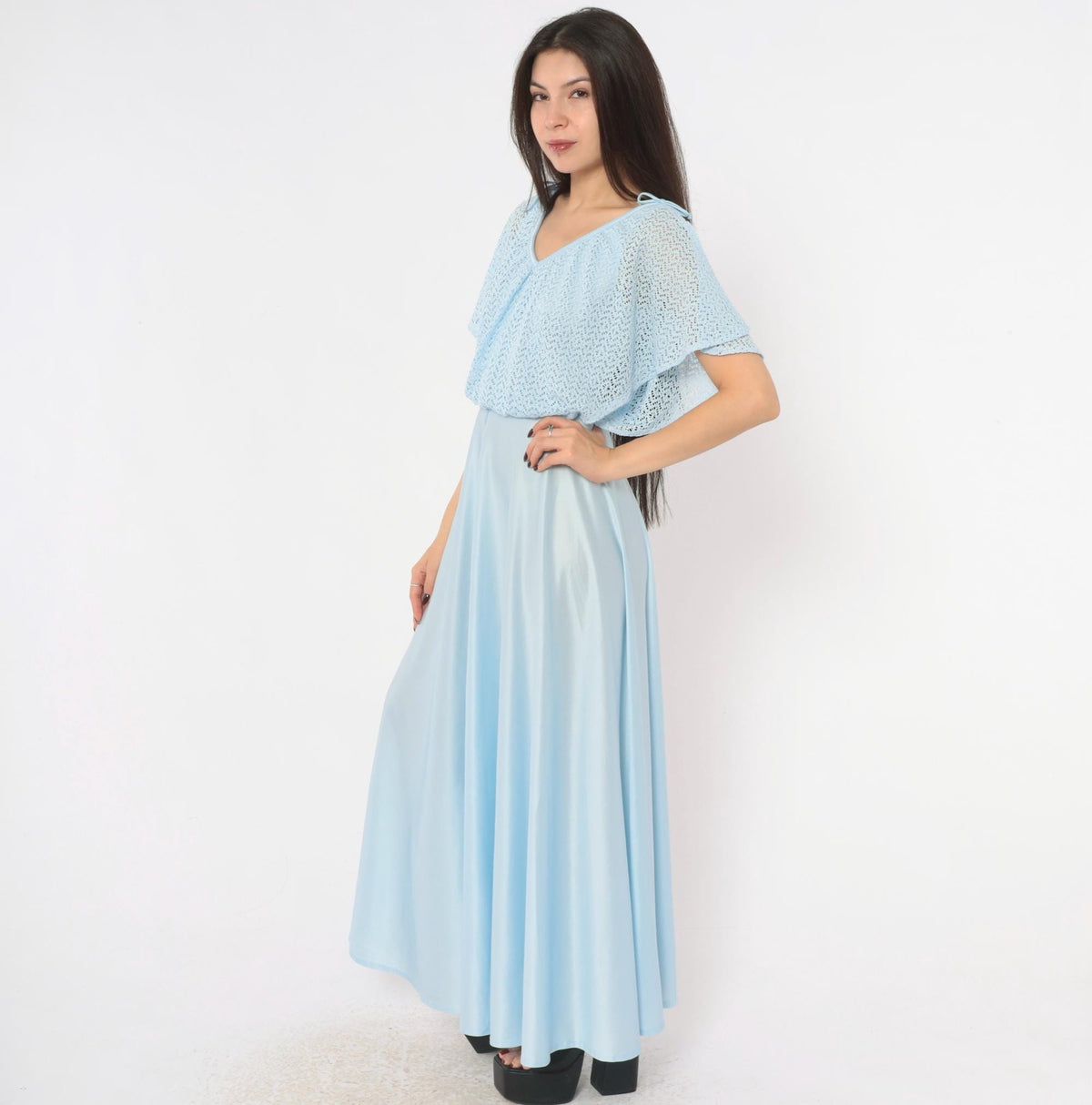 70s Light Blue Maxi Dress Pointelle Knit Capelet V Neck Flutter Sleeve Small