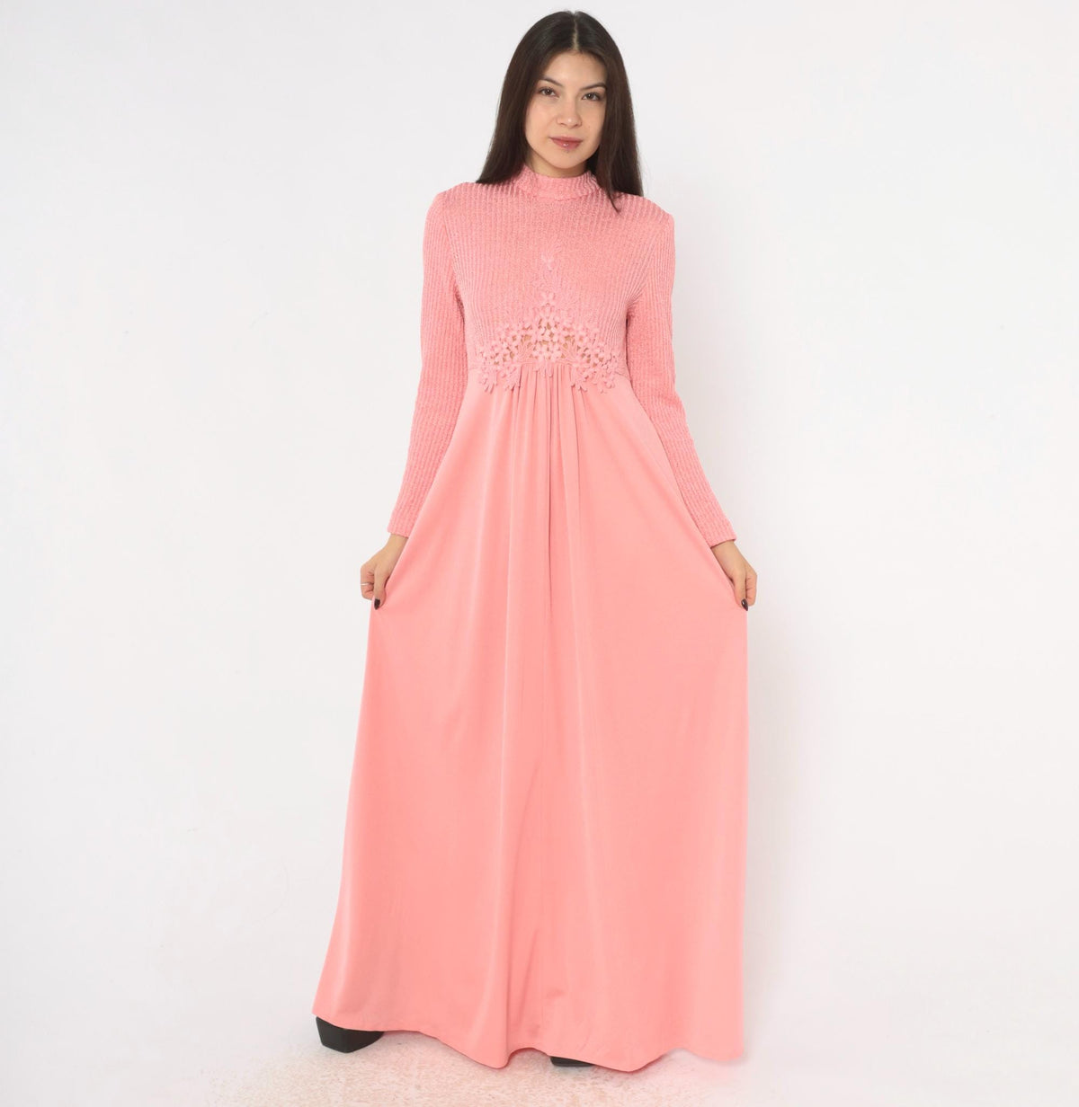 70s Pink Maxi Dress Knit Bodice Floral Lace Empire Waist Long Sleeve Medium