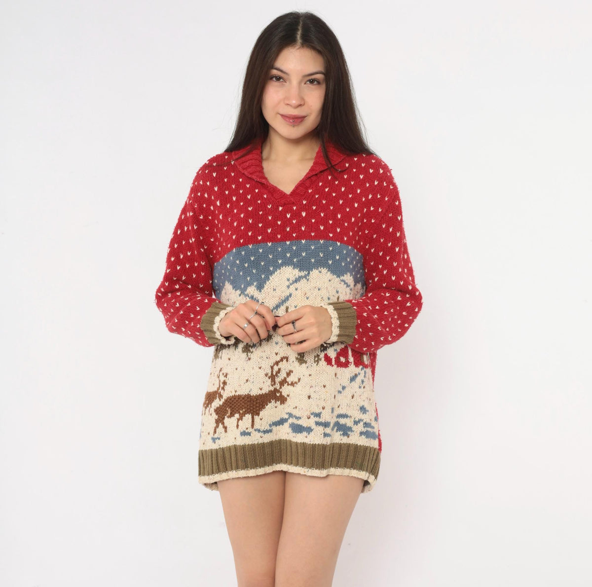 90s Liz Claiborne Hand Knit Reindeer Sweater Red Shawl Collar Small