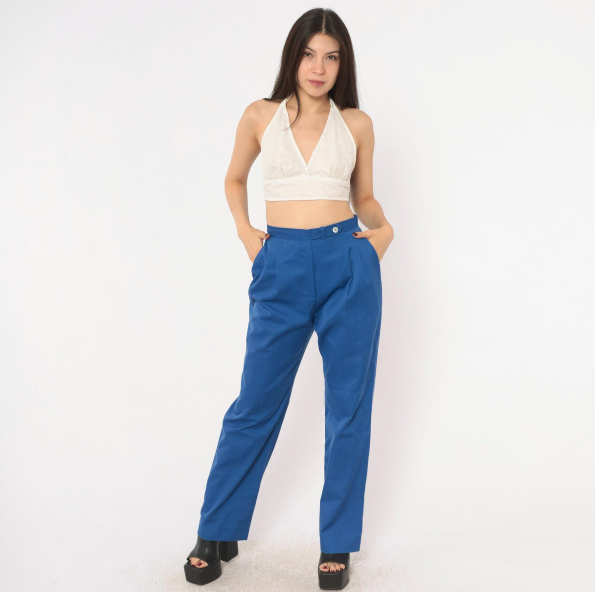 70s Evan-Picone Cobalt High-Waist Pleated Trousers Straight Leg Small S