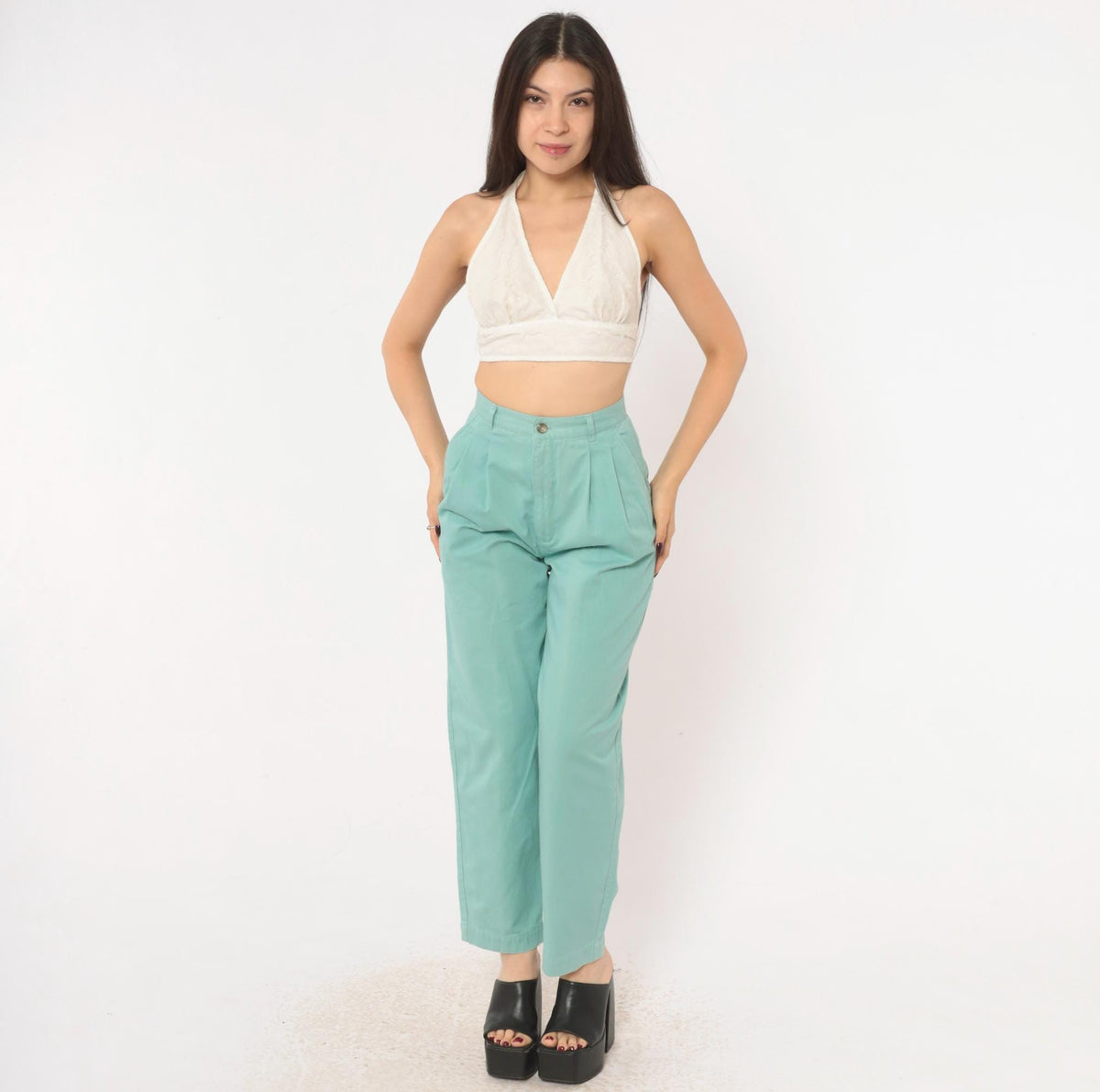 80s Petite Sophisticate Baby Blue Cotton High-Waist Pleated Tapered Trousers Extra Small