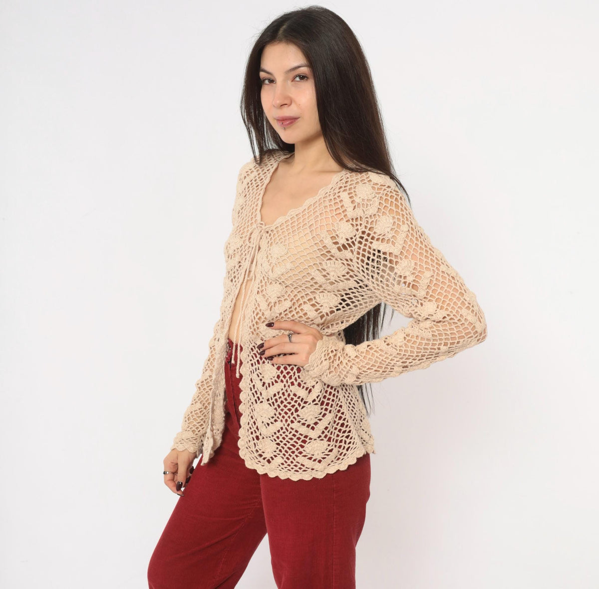 90s Beige Crochet Cardigan Floral Openwork Knit Small S