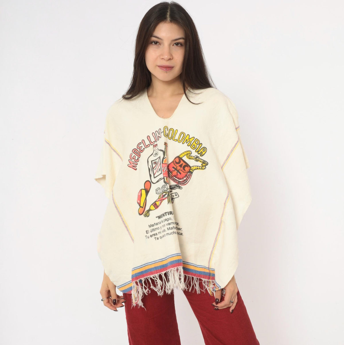 80s Medellin Colombia Souvenir Poncho Cream Cotton Graphic V Neck Fringe One Size