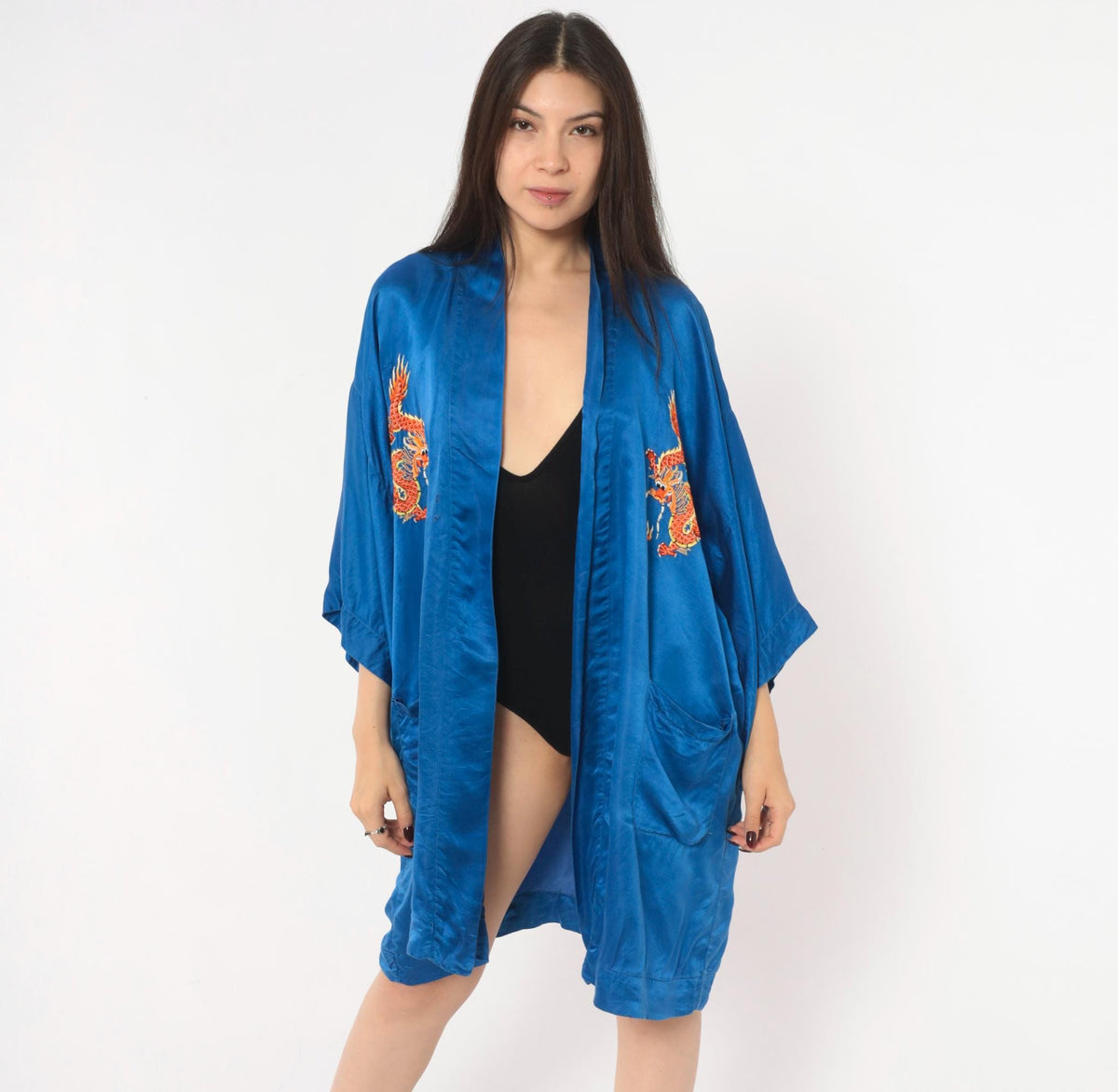 90s Golden Deer Silk Kimono Robe Cobalt Blue Dragon Embroidered Medium