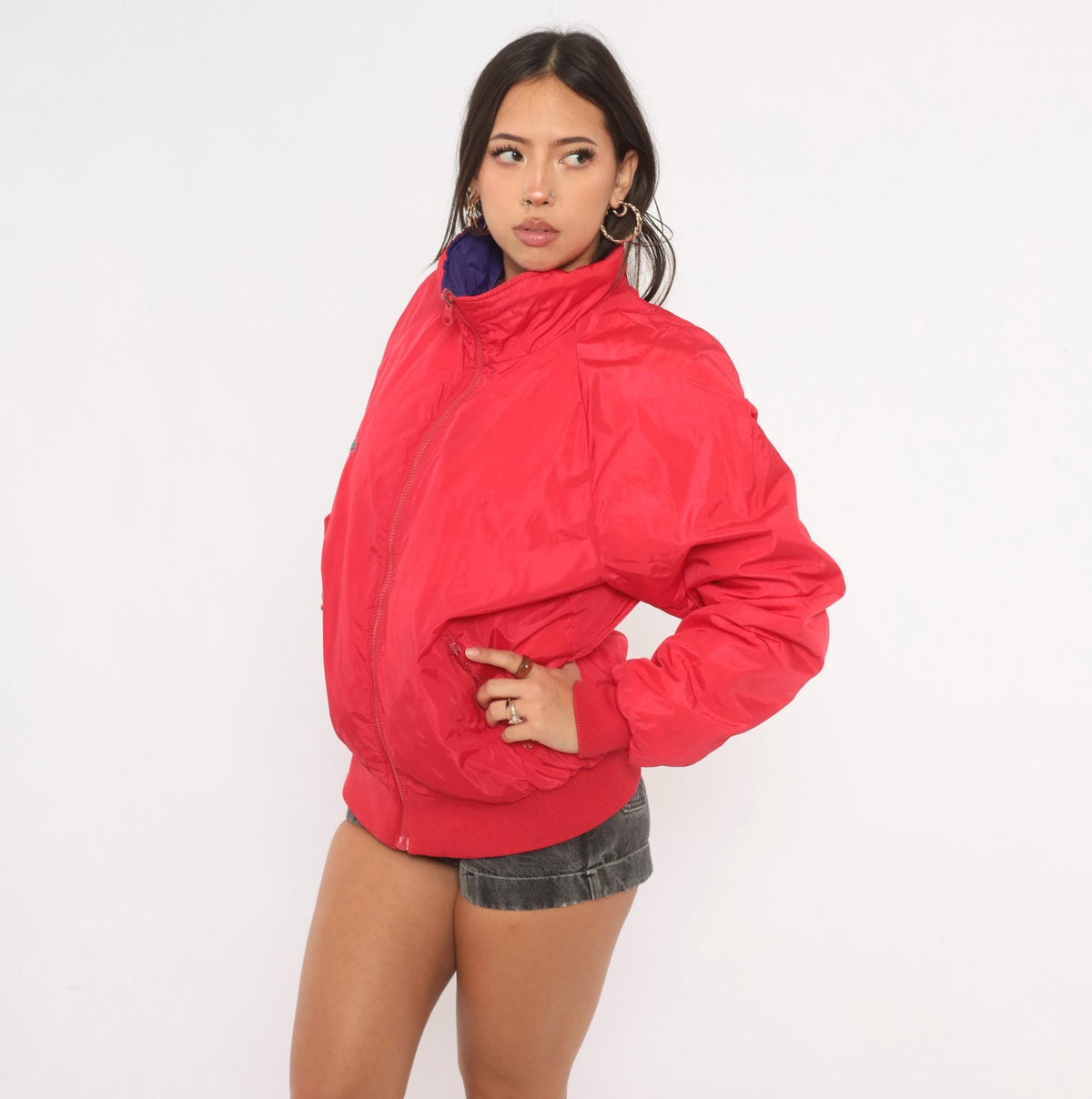 90s Columbia Reversible Bomber Jacket Red Purple Color Block Medium