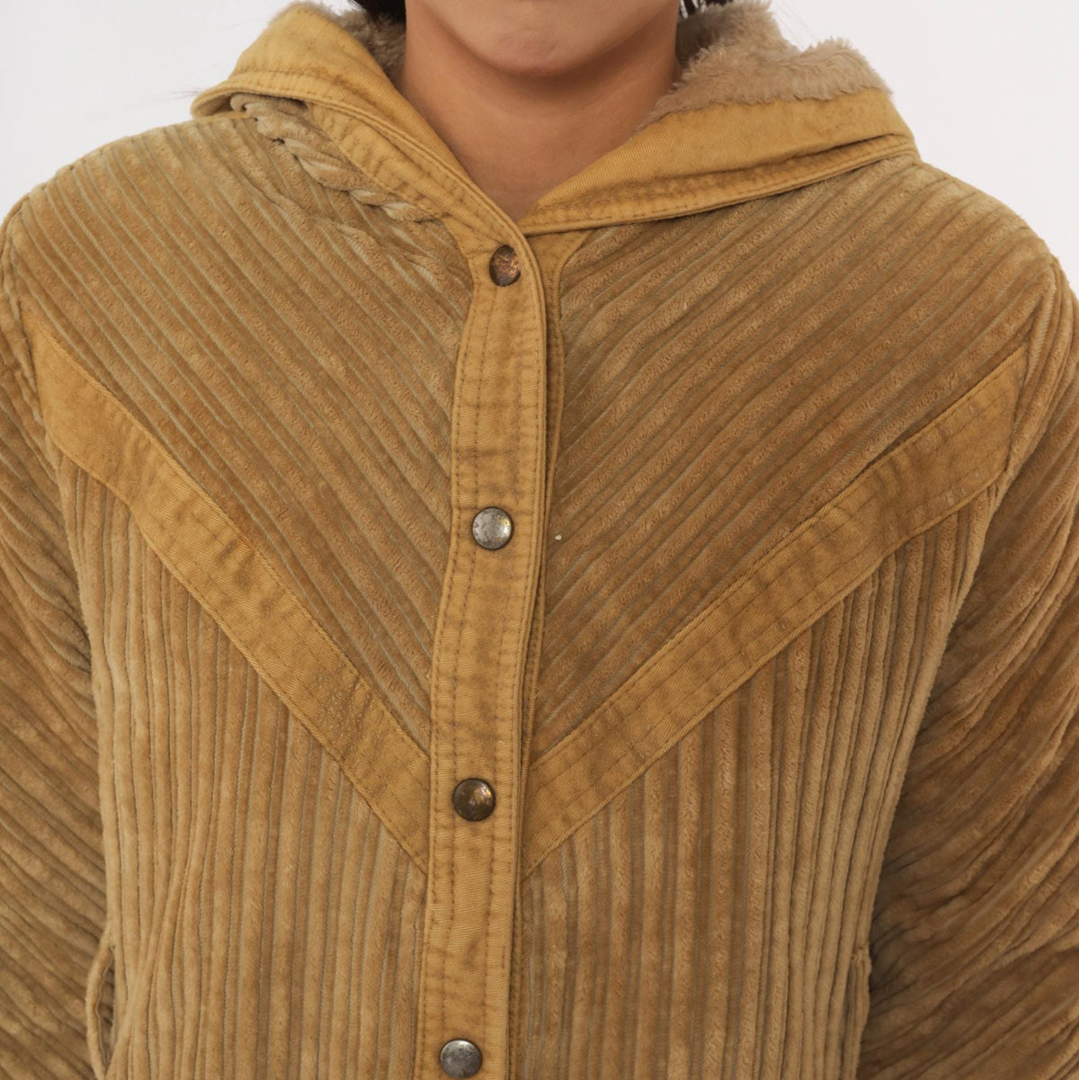 70s Rovercoat Arthur Jay Corduroy Hooded Coat Beige Wide Wale Faux Fur Lined Small S