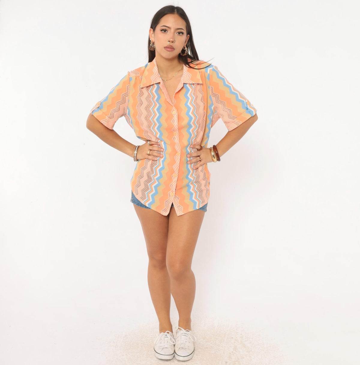 70s Chevron Zigzag Button Up Blouse Orange Coral Blue Open Knit Mesh Large