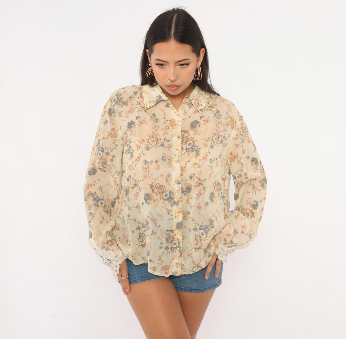 90s Clio Floral Blouse Beige Rayon Semi-Sheer Lace Cuff Medium M