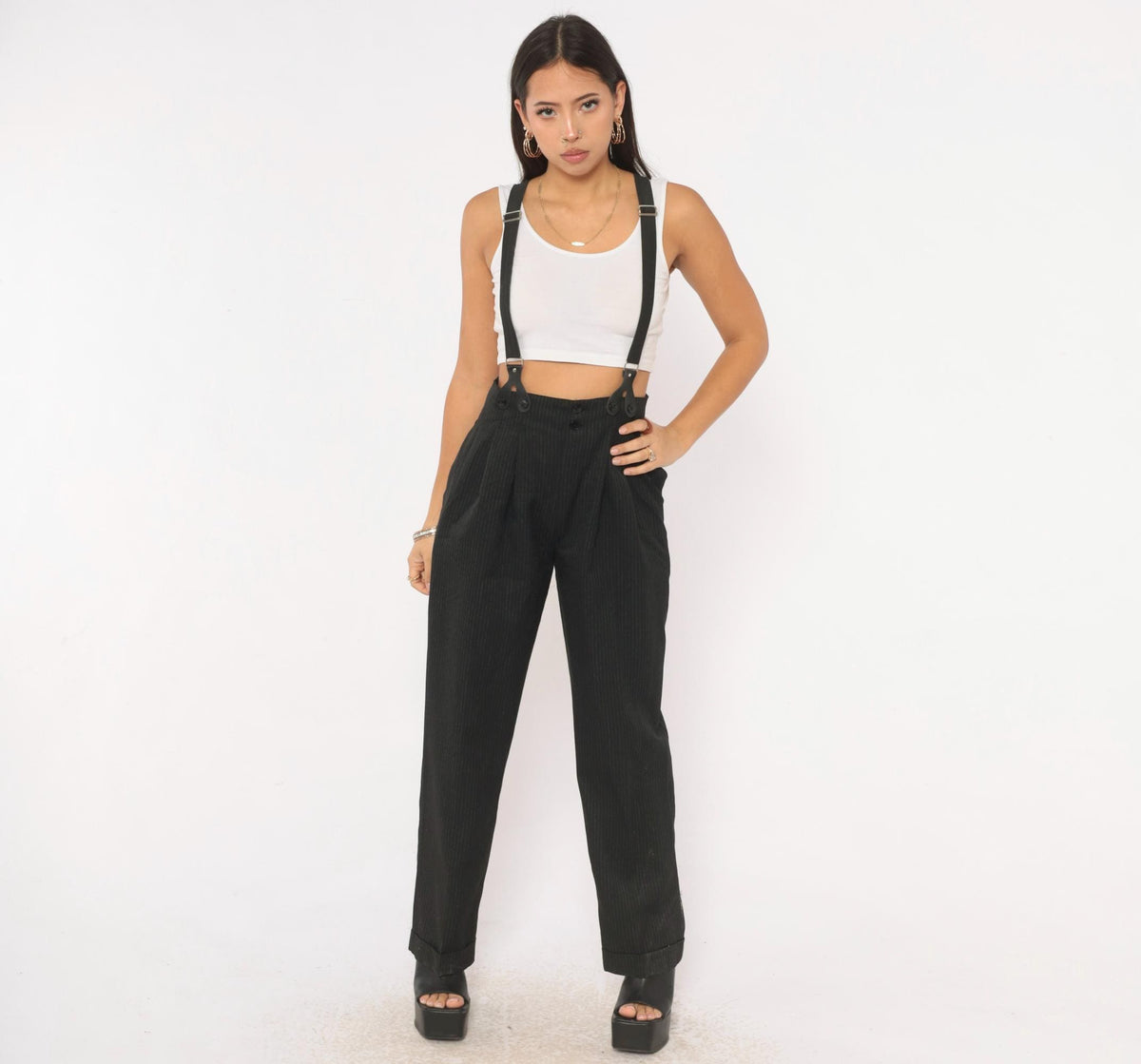 80s 7th Alternative Pinstripe Trousers Black High Waist Pleated Tapered Small S