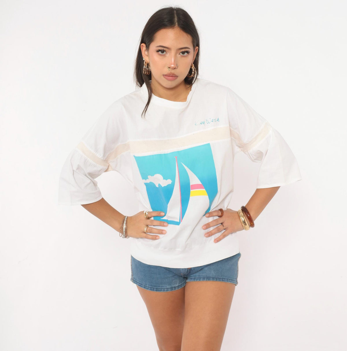 80s Raz Key West Sailboat Graphic Tee White Three Quarter Sleeve Large