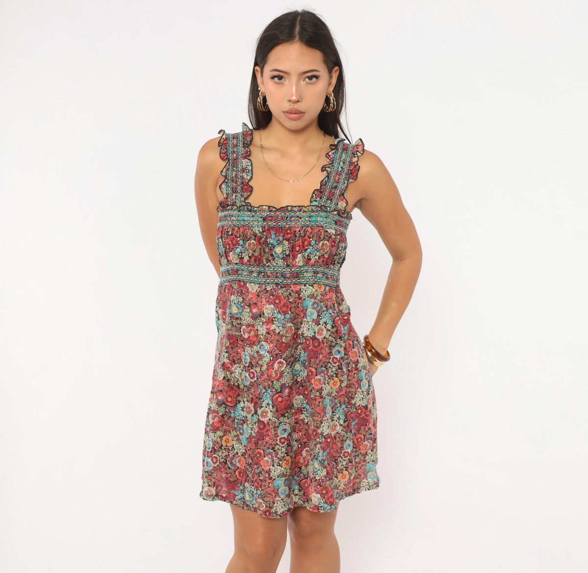 70s Floral Mini Dress Burgundy Blue Smocked Square Neck Ruffle Strap Small