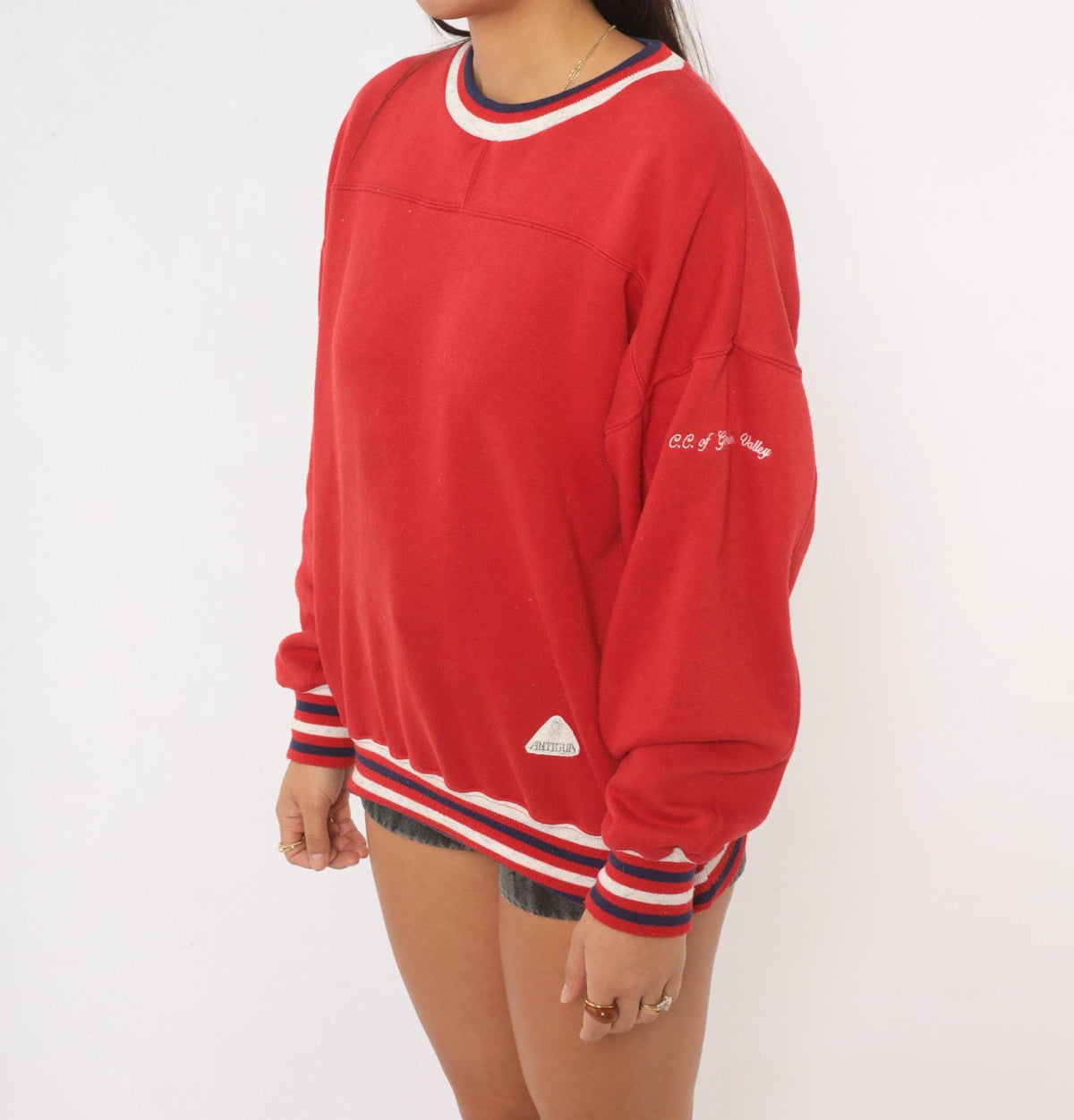 90s Red Crewneck Sweatshirt Striped Rib Trim Navy White Cotton Medium