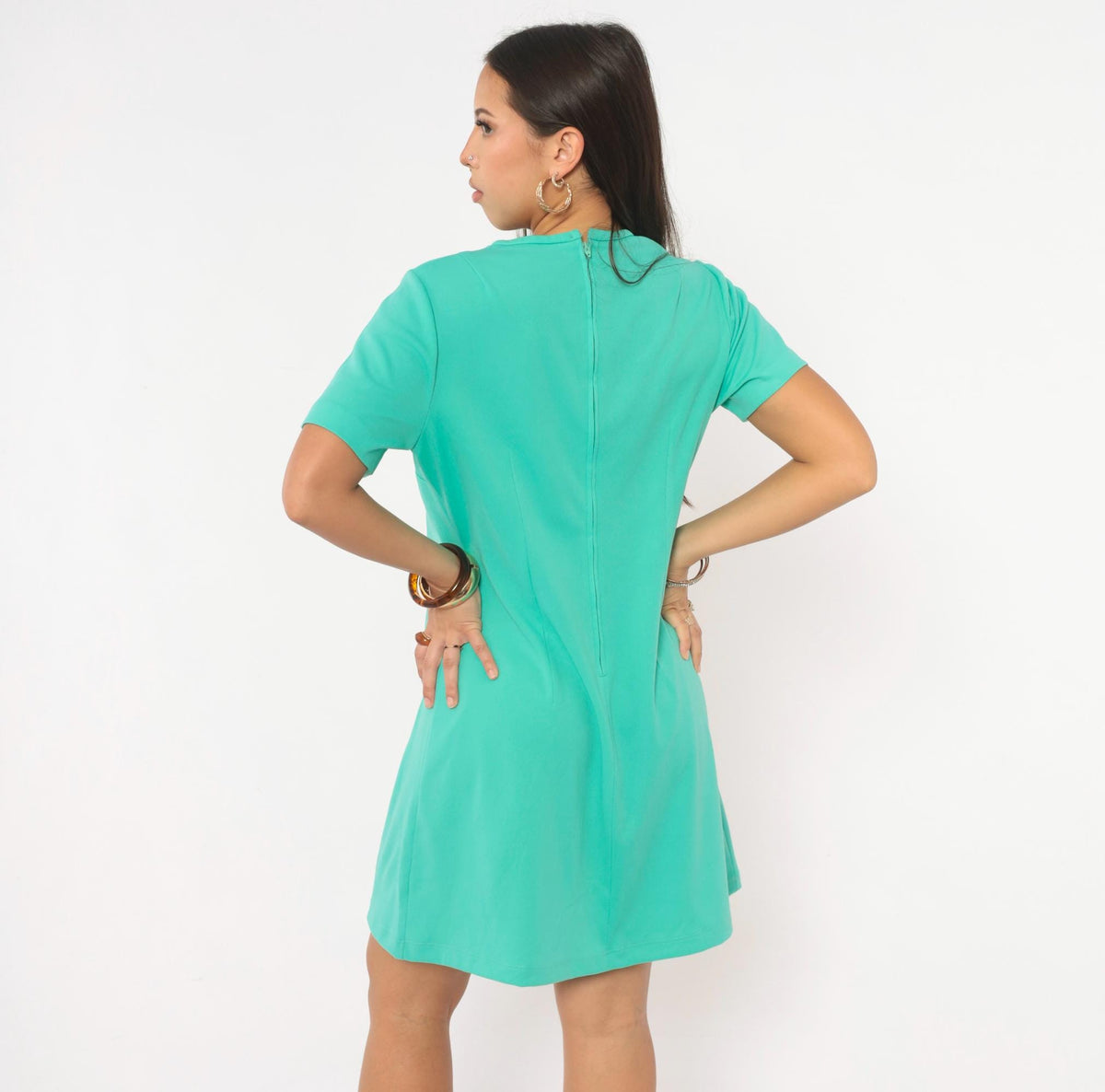 70s Teal Shift Dress A-Line Crew Neck Short Sleeve Solid Green Large