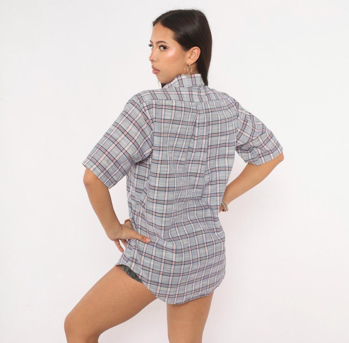 80s Durable Press Plaid Button-Up Shirt Blue Red Check Short Sleeve Medium