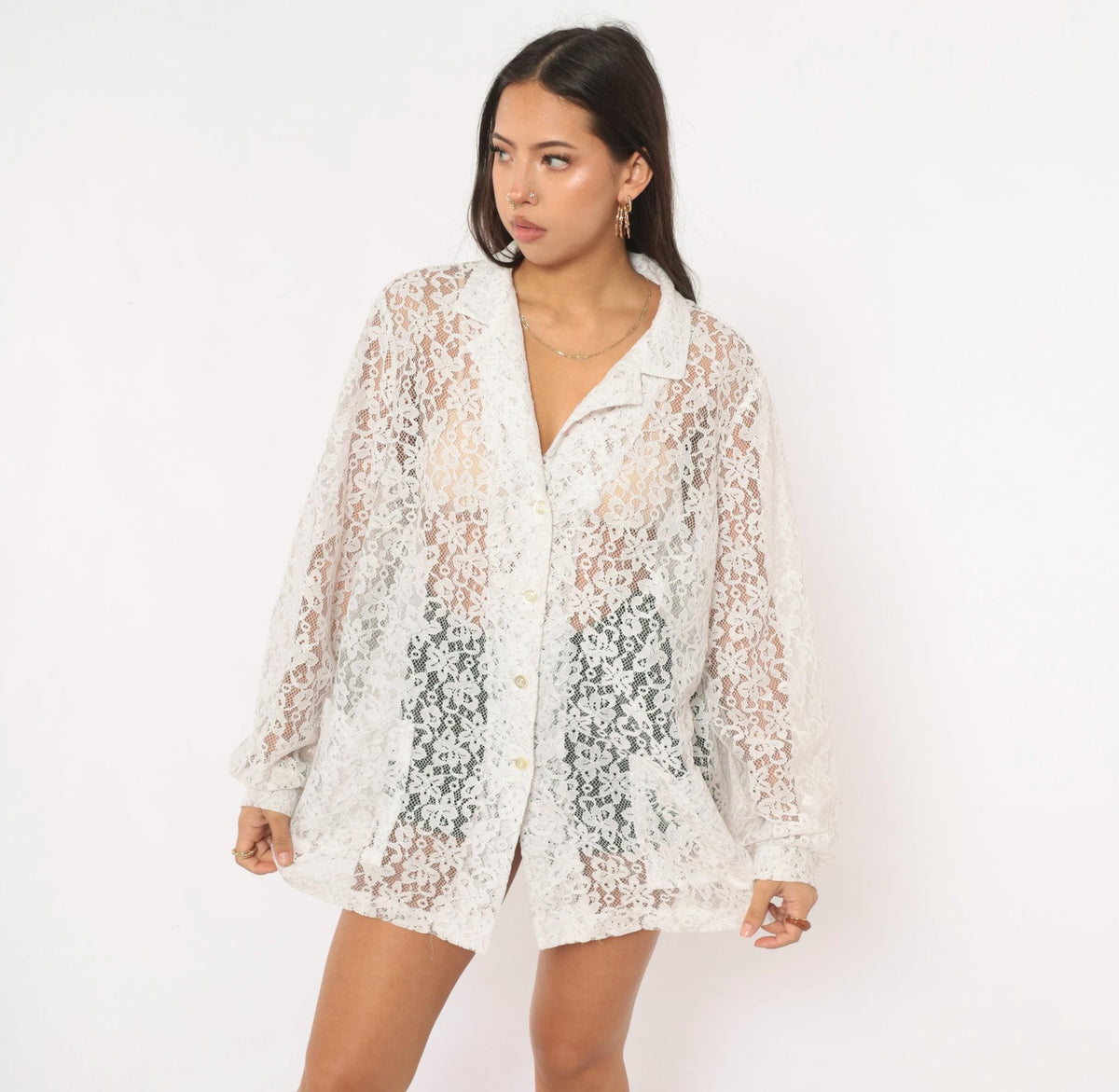 90s White Lace Blouse Sheer Floral Button Front Long Sleeve Patch Pocket Large