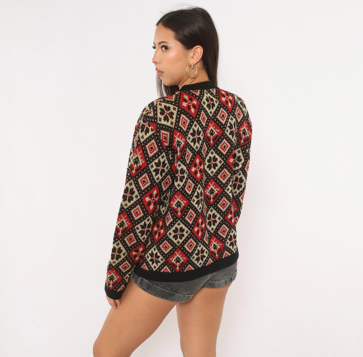 60s Jersild Wool Cardigan Black Red Cream Fair Isle Diamond Medium