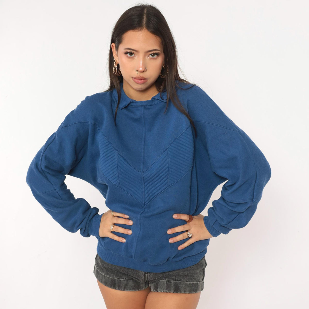 80s Cobalt Sweatshirt Chevron Quilted Panel Collared Cotler Small