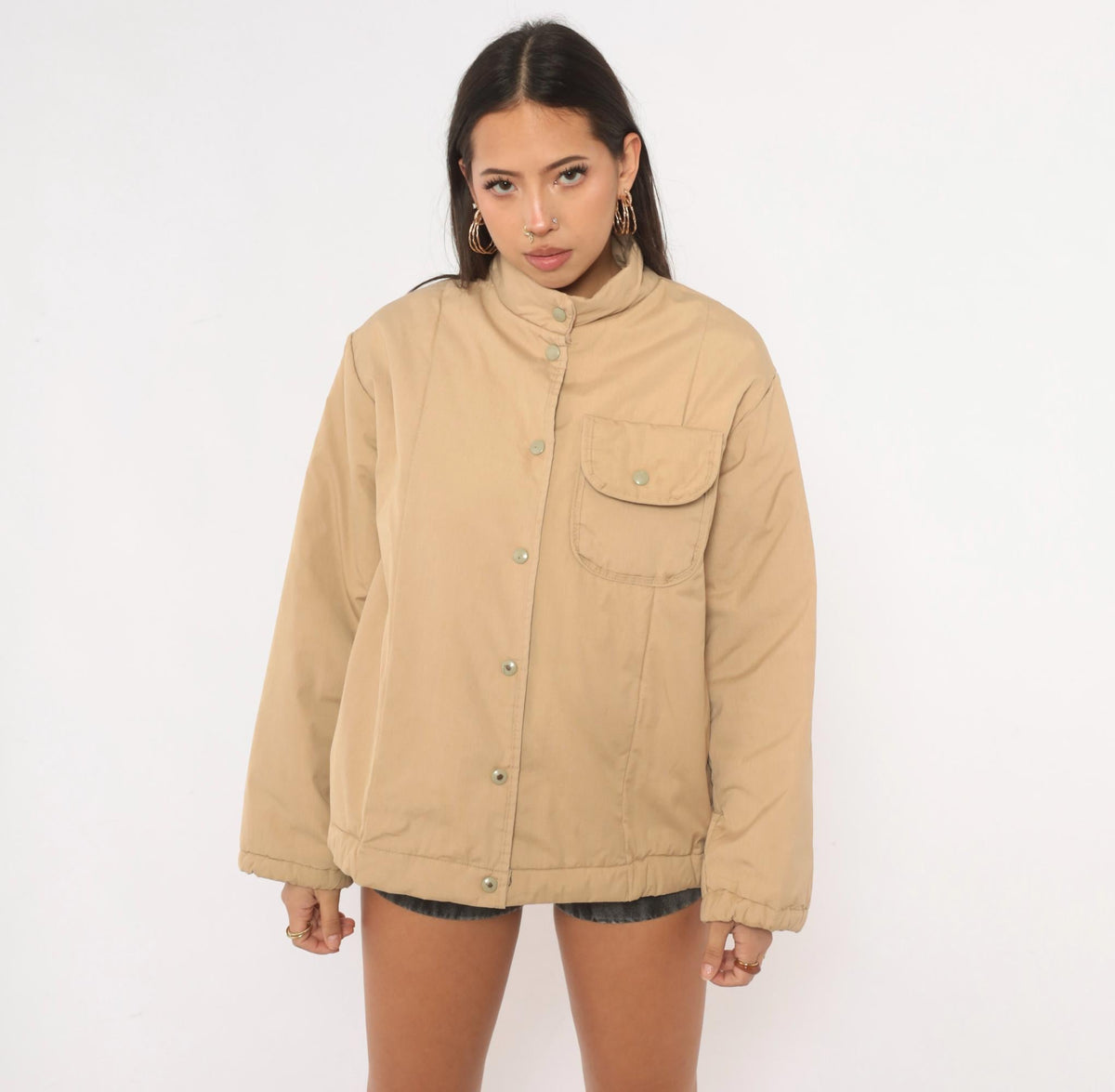 80s Avon Beige Snap Front Insulated Jacket Navy Lined Small