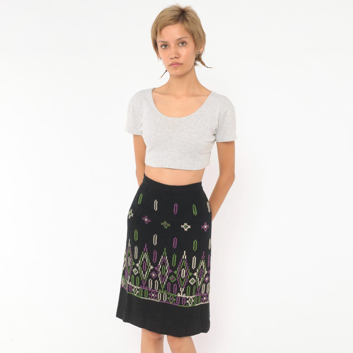 60s Black Wool Embroidered A-Line Skirt Purple Green Cross Stitch Extra Small XS