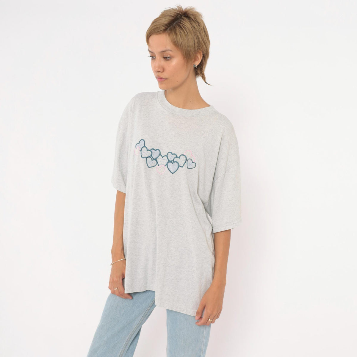 90s Fruit of the Loom Heart Embroidered T-Shirt Grey Cotton Blend Extra Large XL
