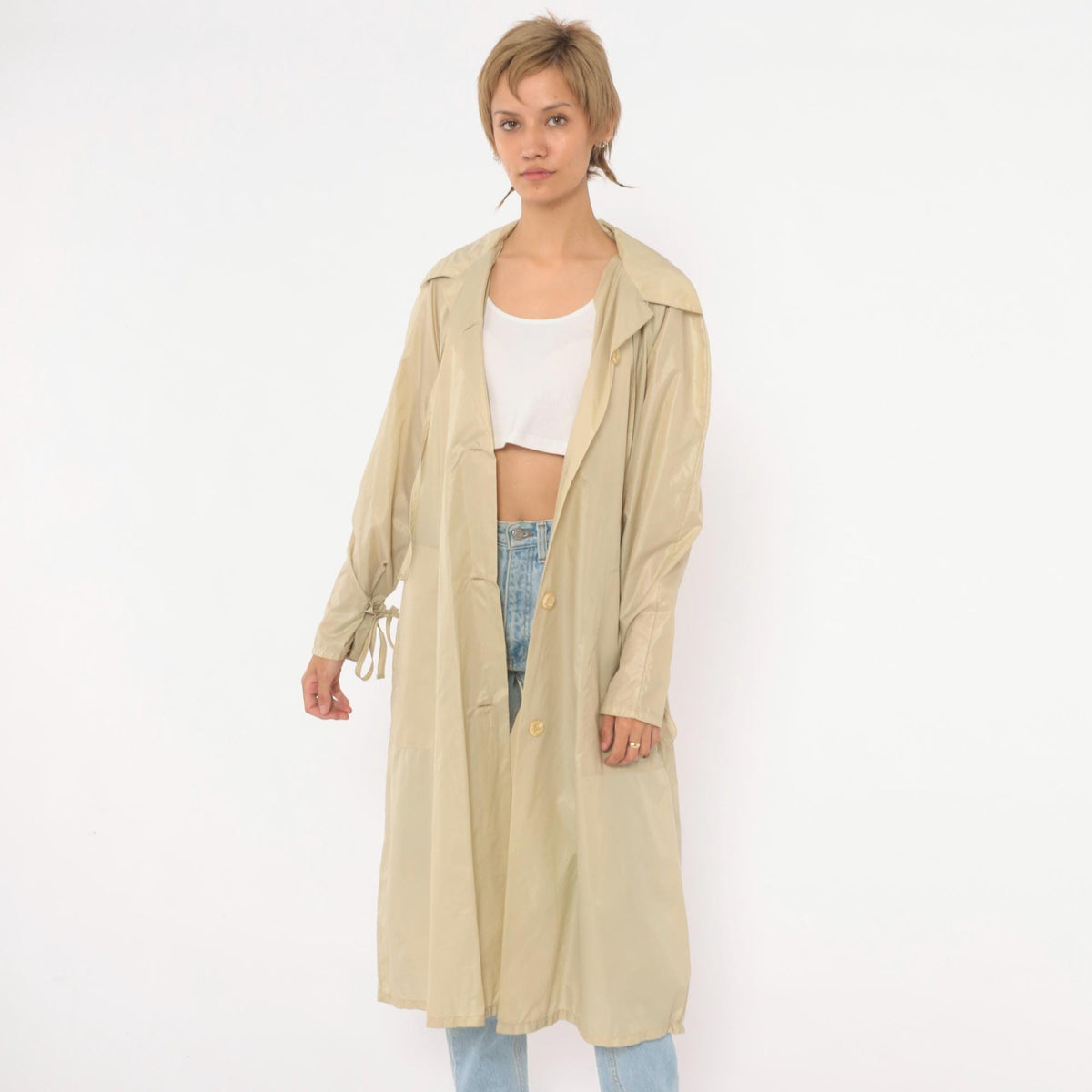 80s Aqua Sheen Cream Nylon Trench Coat Pointed Collar Midi Length Medium M