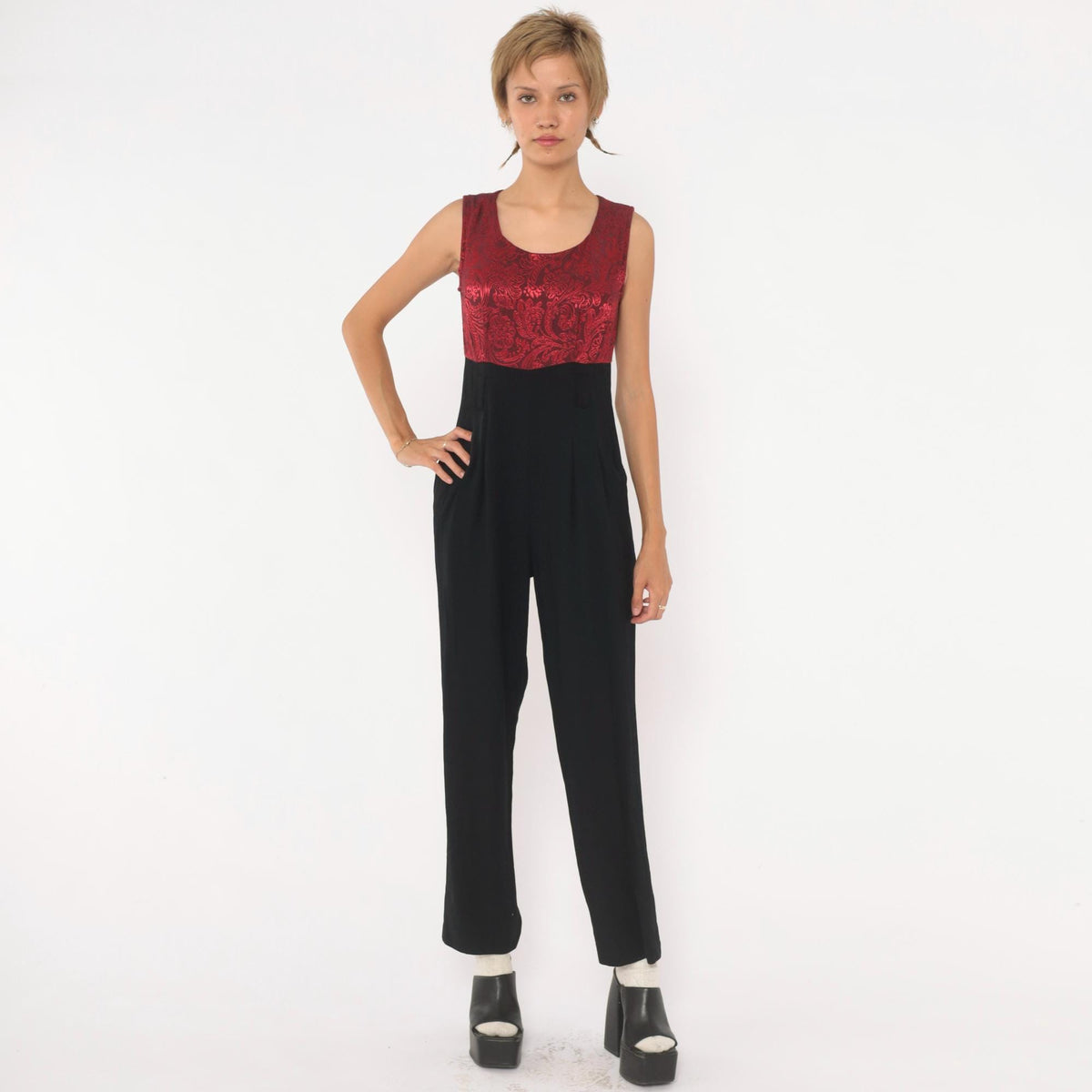 90s Black Jumpsuit Red Brocade Bodice Sleeveless High Waist Small S