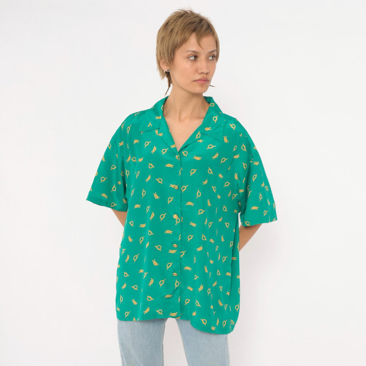 90s Leslie Fay Nautical Knot Print Blouse Teal Camp Collar Large L