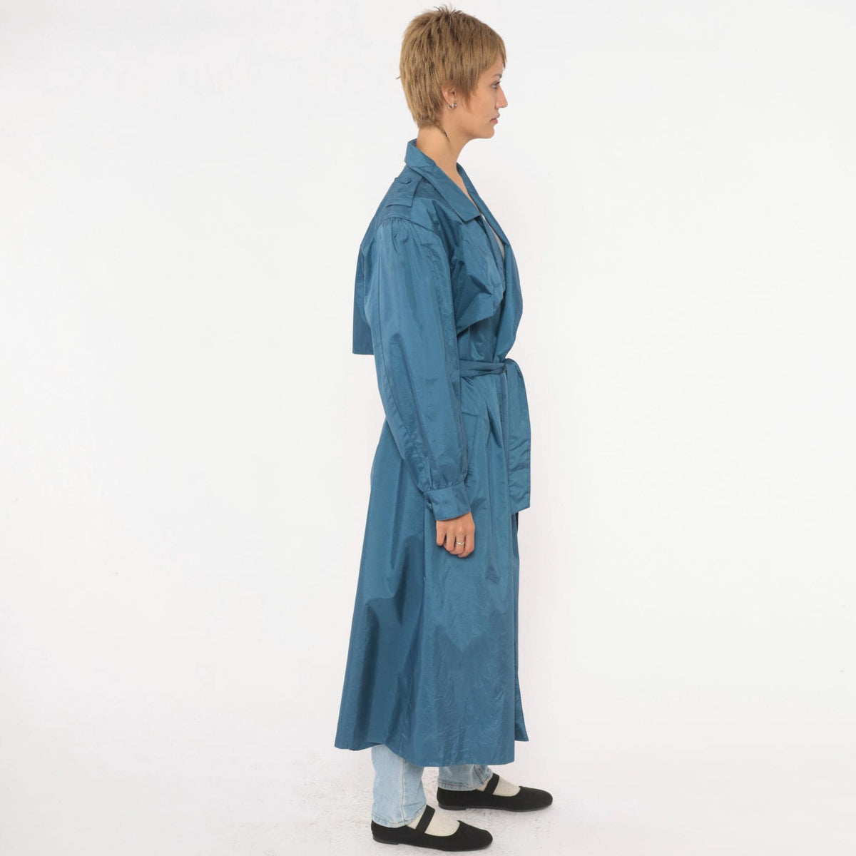 80s J.Gallery Blue Nylon Trench Coat Belted Epaulettes Medium M