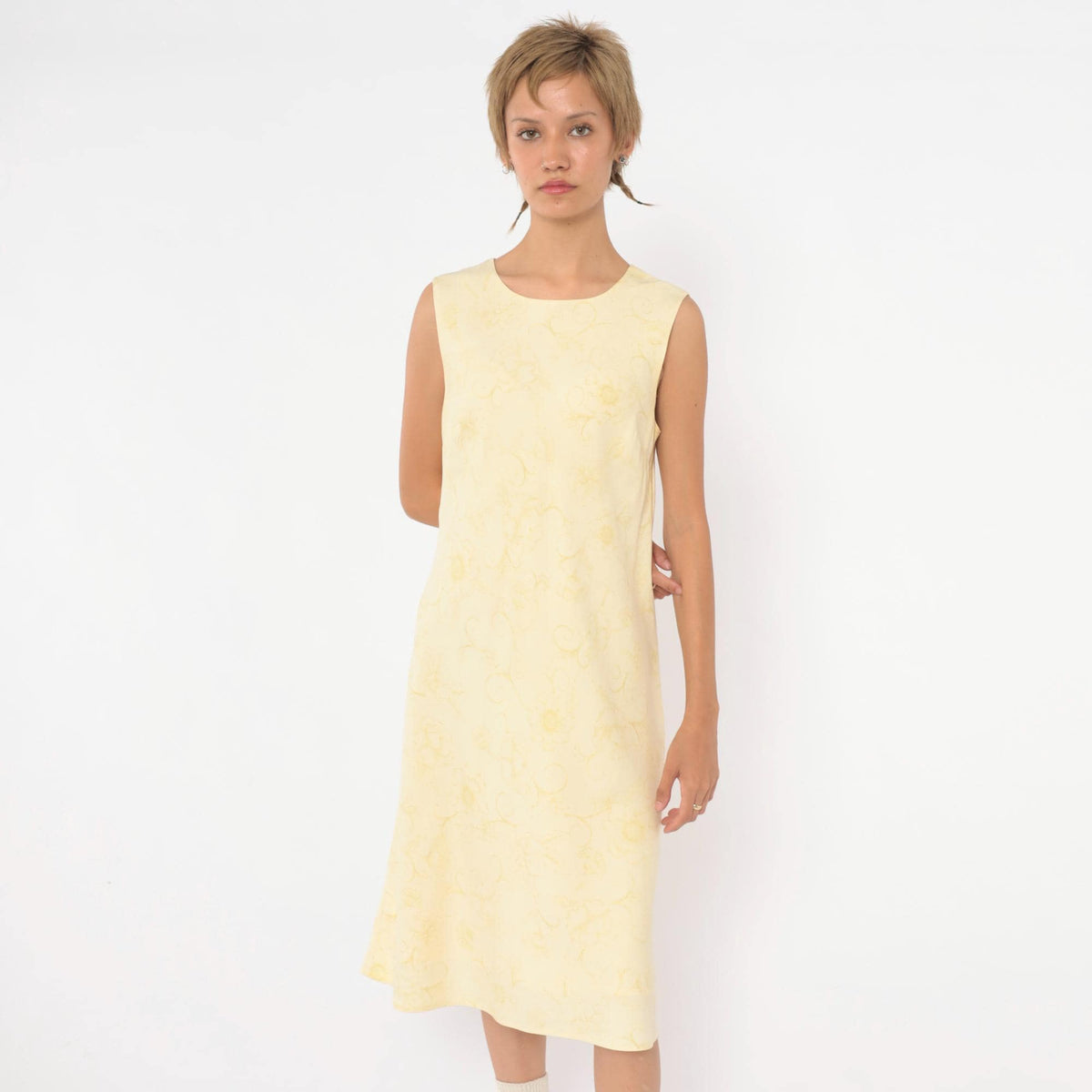 Y2K Tommy Bahama Silk Dress Yellow Floral Sleeveless A-Line Knee Medium M