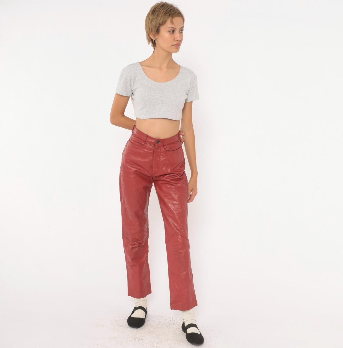 90s Speciale Mode Red Leather Pants High Waist Straight Leg Biker XXS