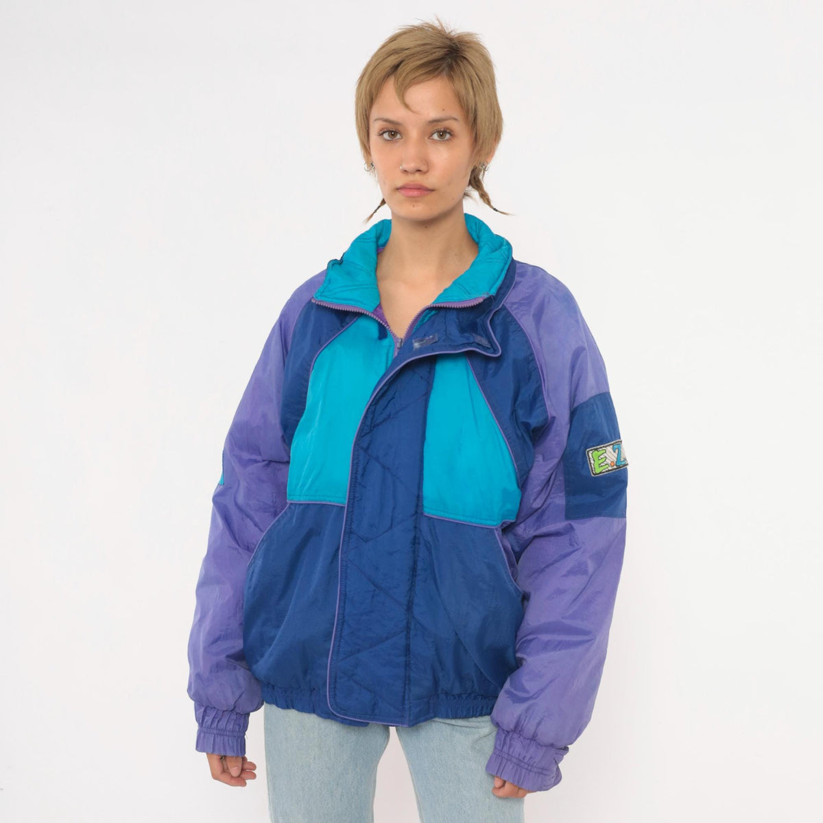90s EZ Color Block Windbreaker Jacket Blue Purple Teal Quilted Small