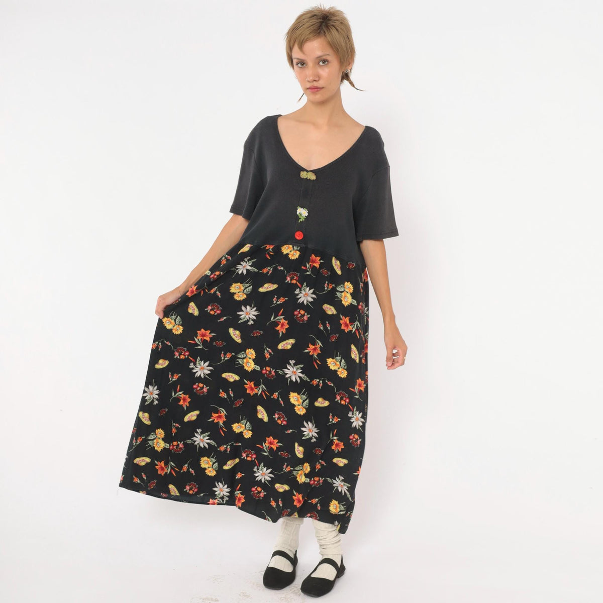 90s Petite Impressions Black Floral Midi Dress Ribbed Knit V Neck Large L