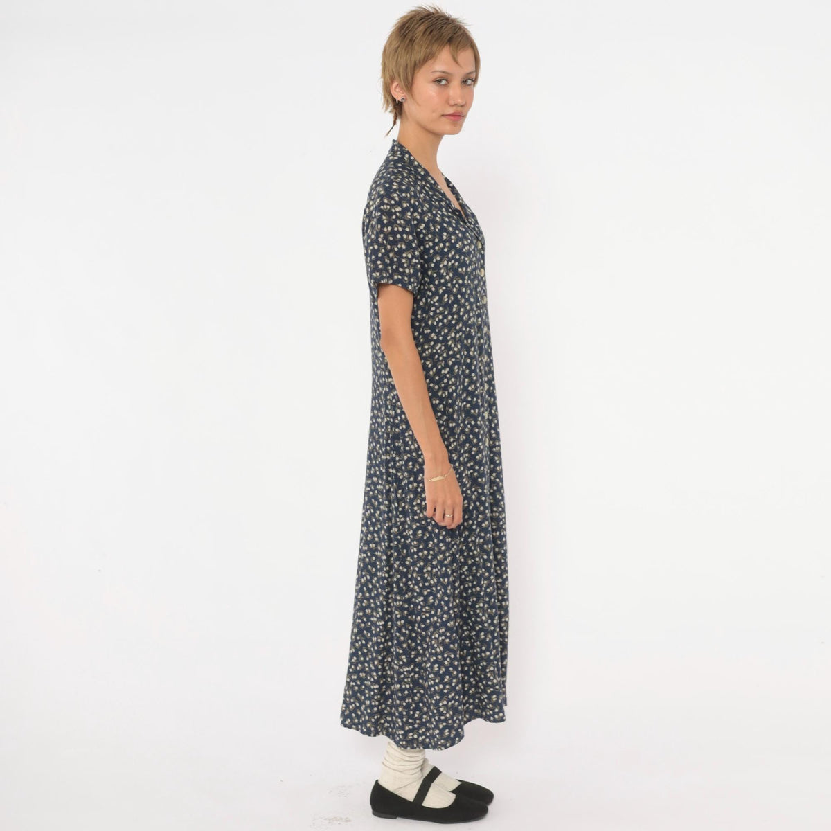 90s Chico's Design Navy Floral Midi Shirt Dress Pearl Buttons Medium M
