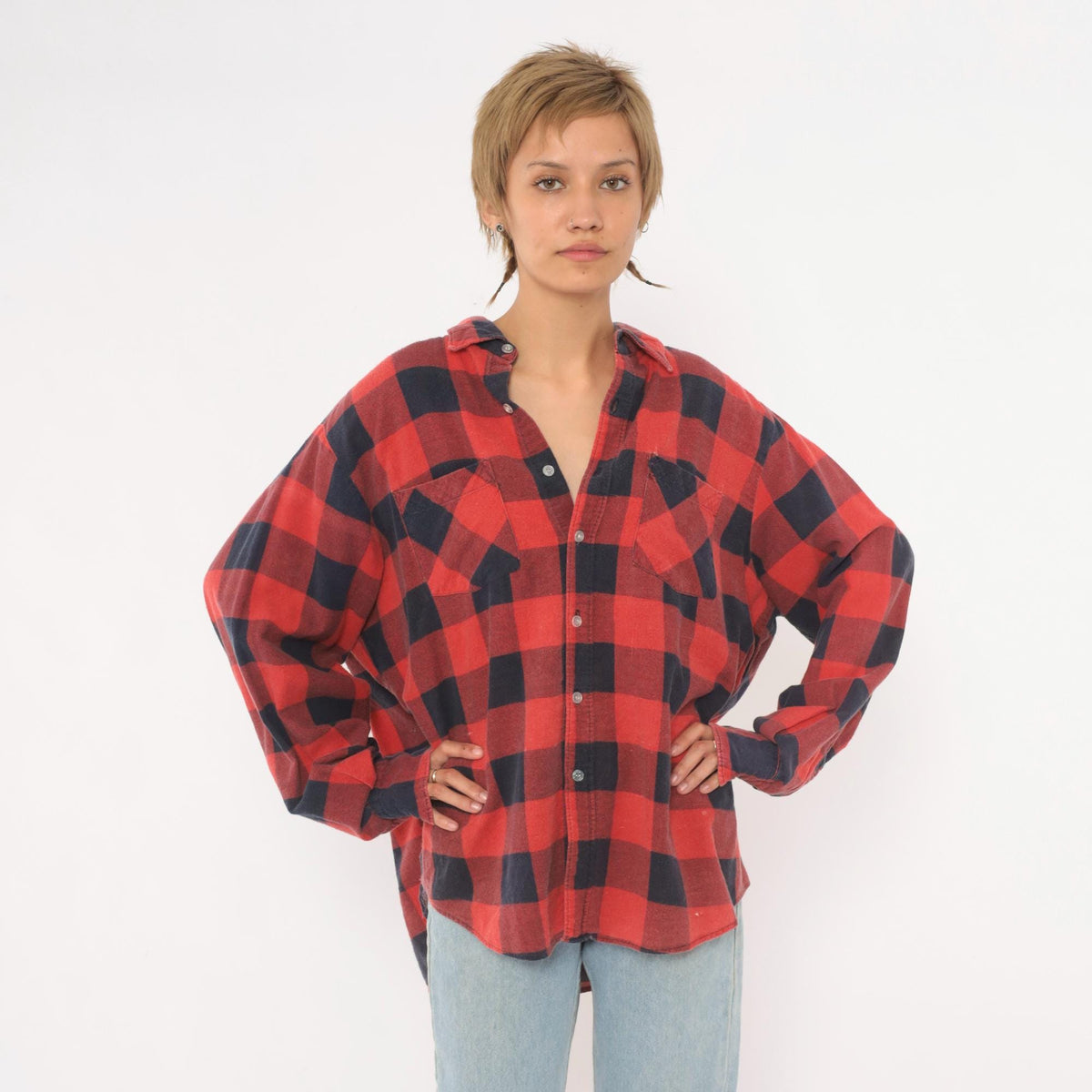 90s Hunter's Lane Buffalo Plaid Flannel Shirt Red Navy Cotton Extra Large