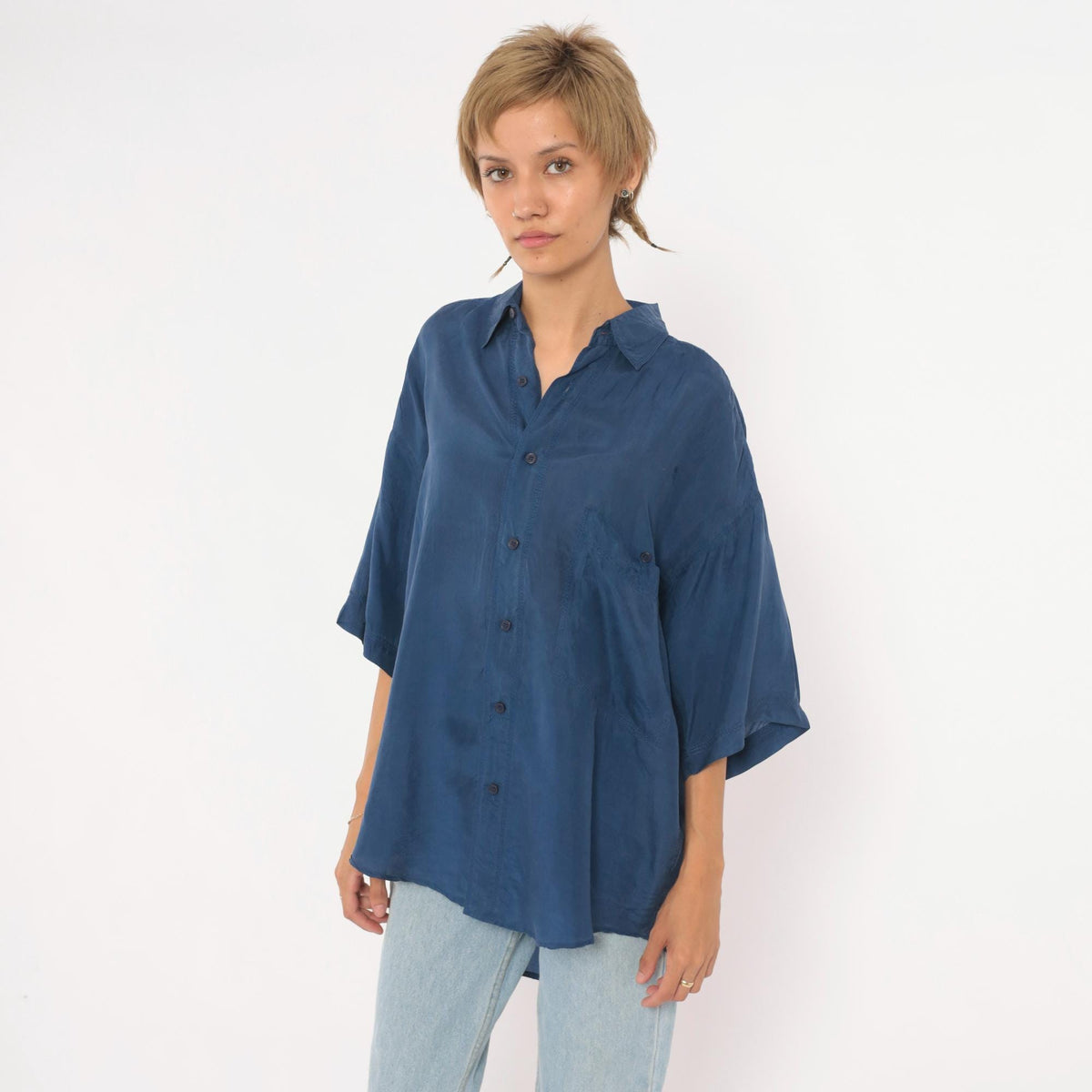 90s Franco Biani Navy Silk Button-Up Shirt Small