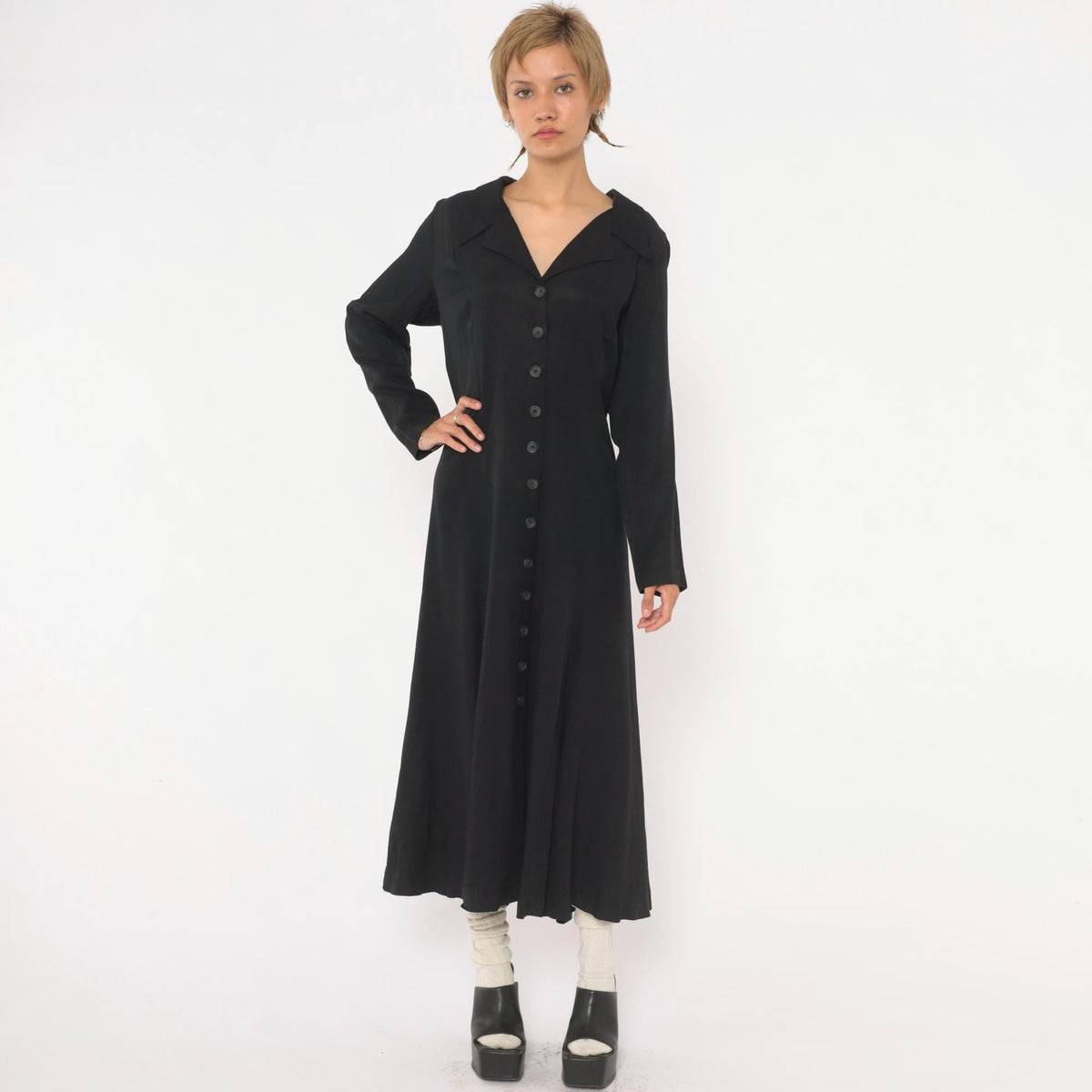 90s Cosmopolitan Black Midi Dress Collared V Neck Corset Lace Up Large L