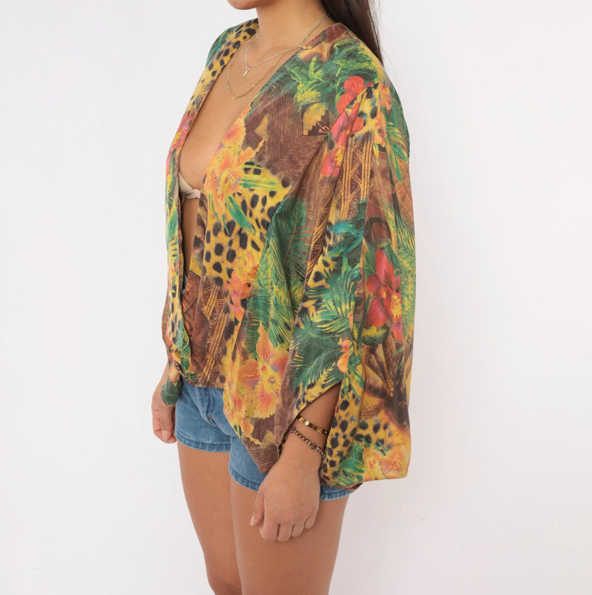 90s Silk Kimono Jacket Tropical Leopard Print Yellow Green Small