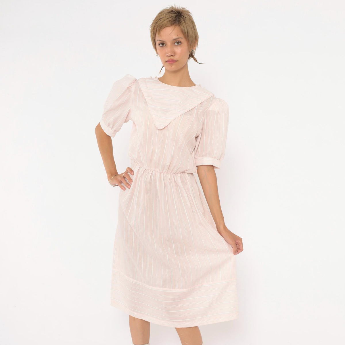 80s Pink Striped Midi Dress Puff Sleeve Sailor Collar Cotton Small