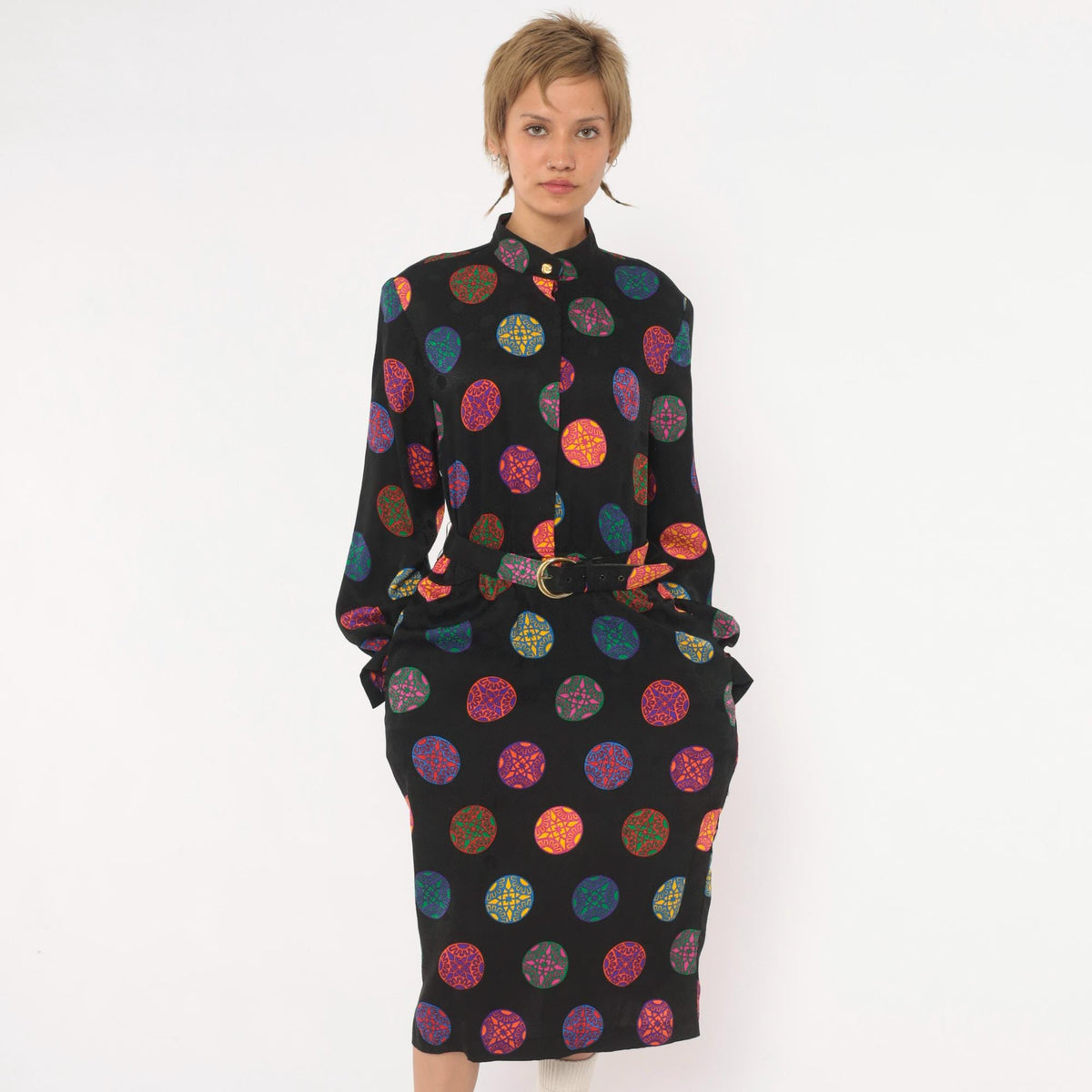 80s Gay Boyer Collections Black Silk Midi Dress Medallion Print Mandarin Collar Medium