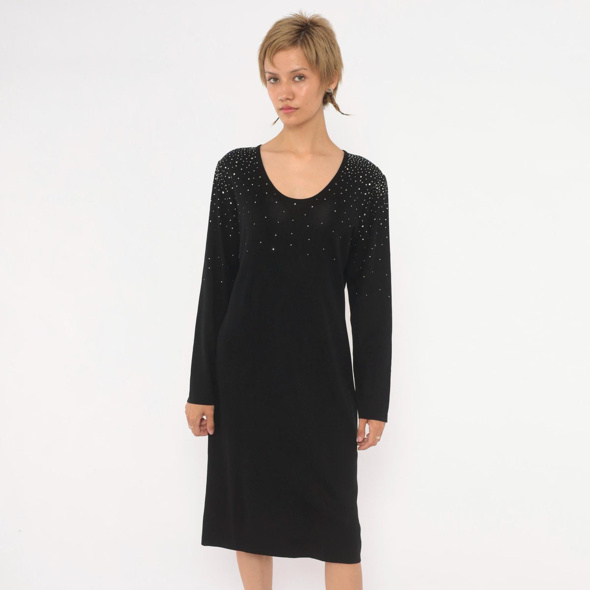 90s Misook Black Rhinestone Knit Dress Long Sleeve Shift Small S