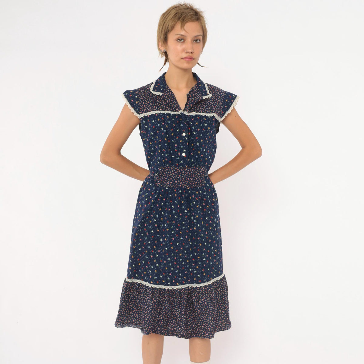 70s Navy Floral Calico Prairie Dress Cotton Cap Sleeve Button Front Small