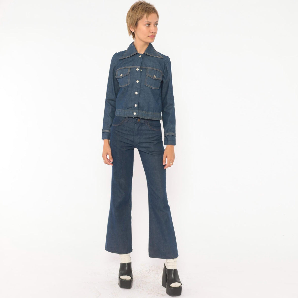 80s Bogart of Texas Denim Two Piece Set Cobalt Blue Cropped Jacket Flare Jeans Extra Extra Small XXS