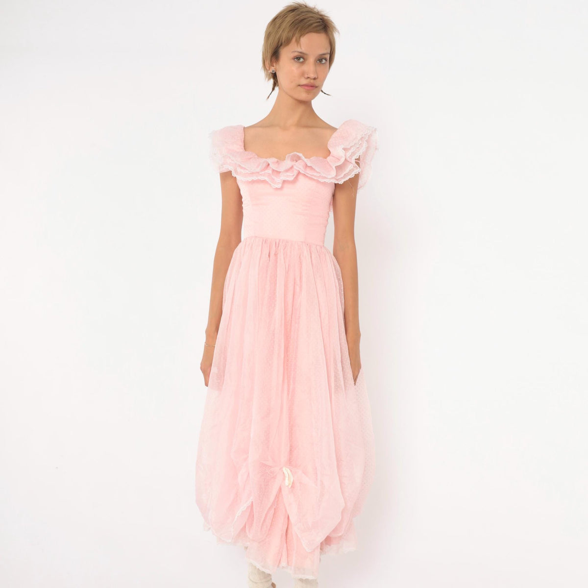 70s Pink Swiss Dot Midi Party Dress Ruffle Neckline Lace Trim XXS