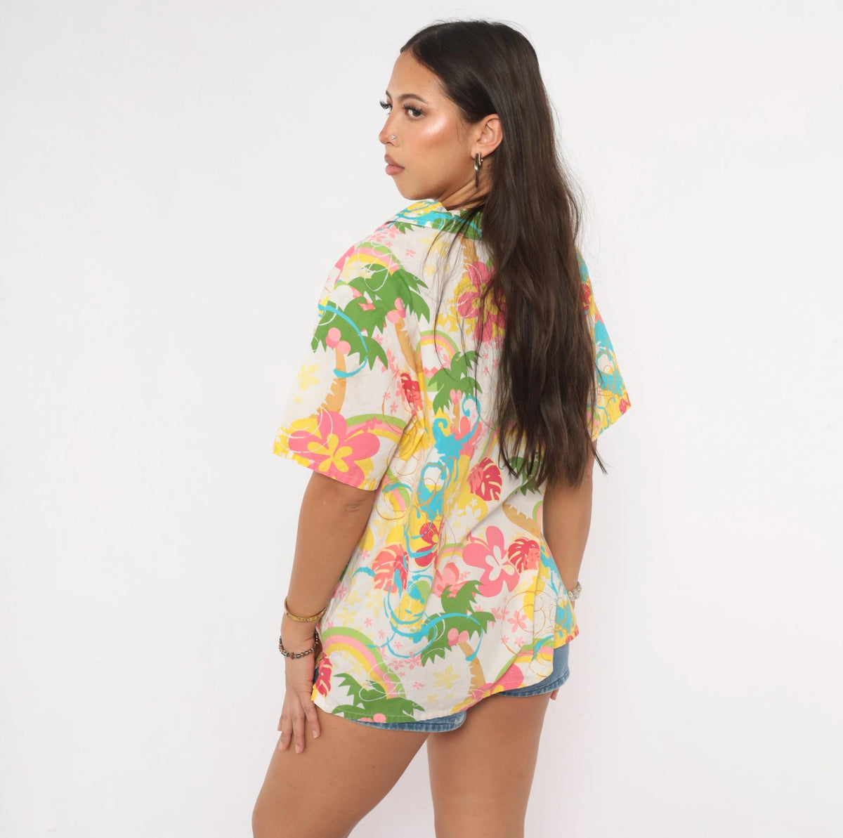 Y2K Barefoot Paradise Hawaiian Shirt White Cotton Camp Collar Tropical Print Extra Large XL