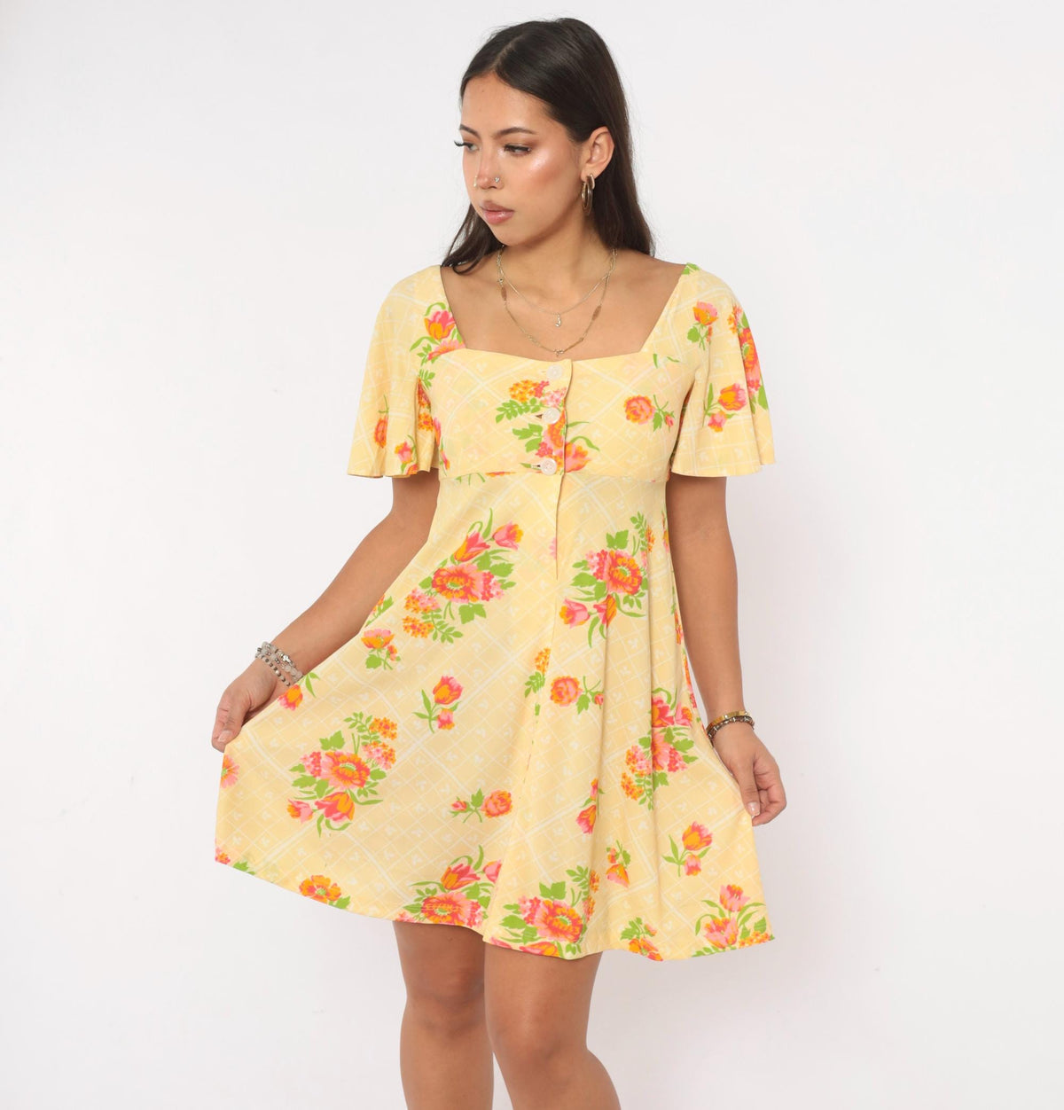 70s Floral Mini Dress Yellow Pink Flutter Sleeve Empire Waist Extra Small XS