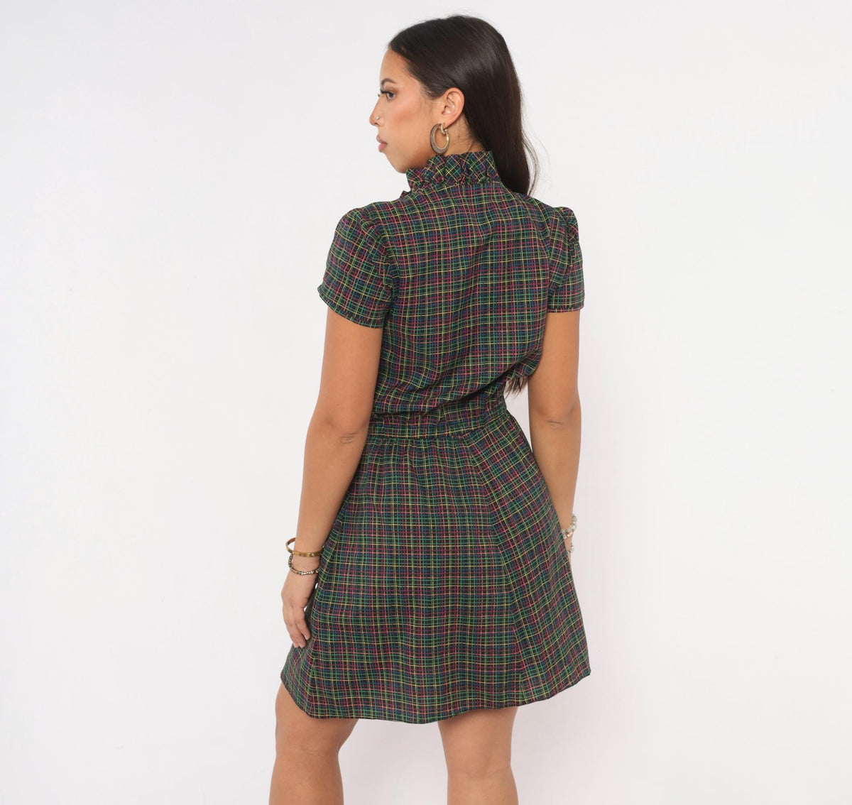 70s Plaid Dress Black Pink Green Yellow Check Ruffle Mock Neck Puff Sleeve Small