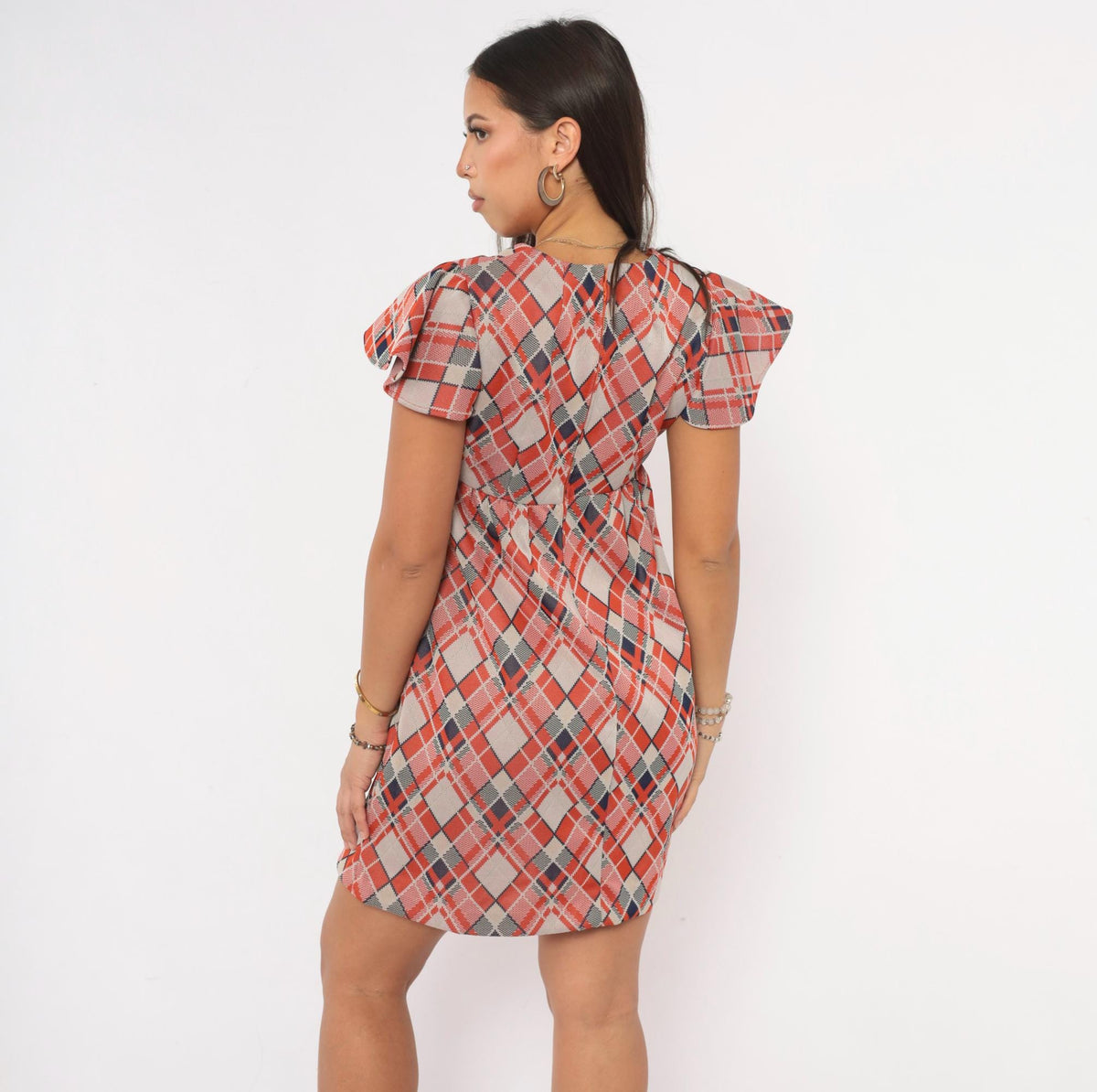 70s Argyle Plaid Mini Dress Orange Navy Cream Flutter Sleeve Empire Waist Extra Small XS