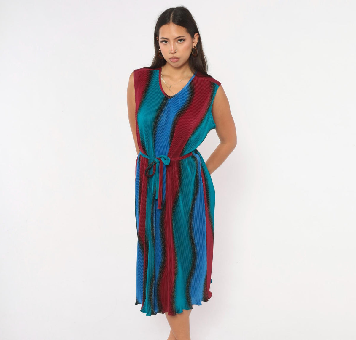 90s Plisse Pleated Ombre Dress Cobalt Blue Burgundy Sleeveless Large