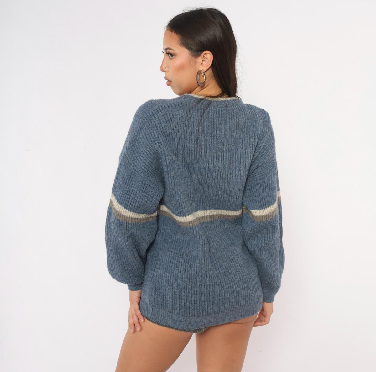 80s Bobsledding Winter Games Wool Knit Pullover Blue Cream Stripe Medium