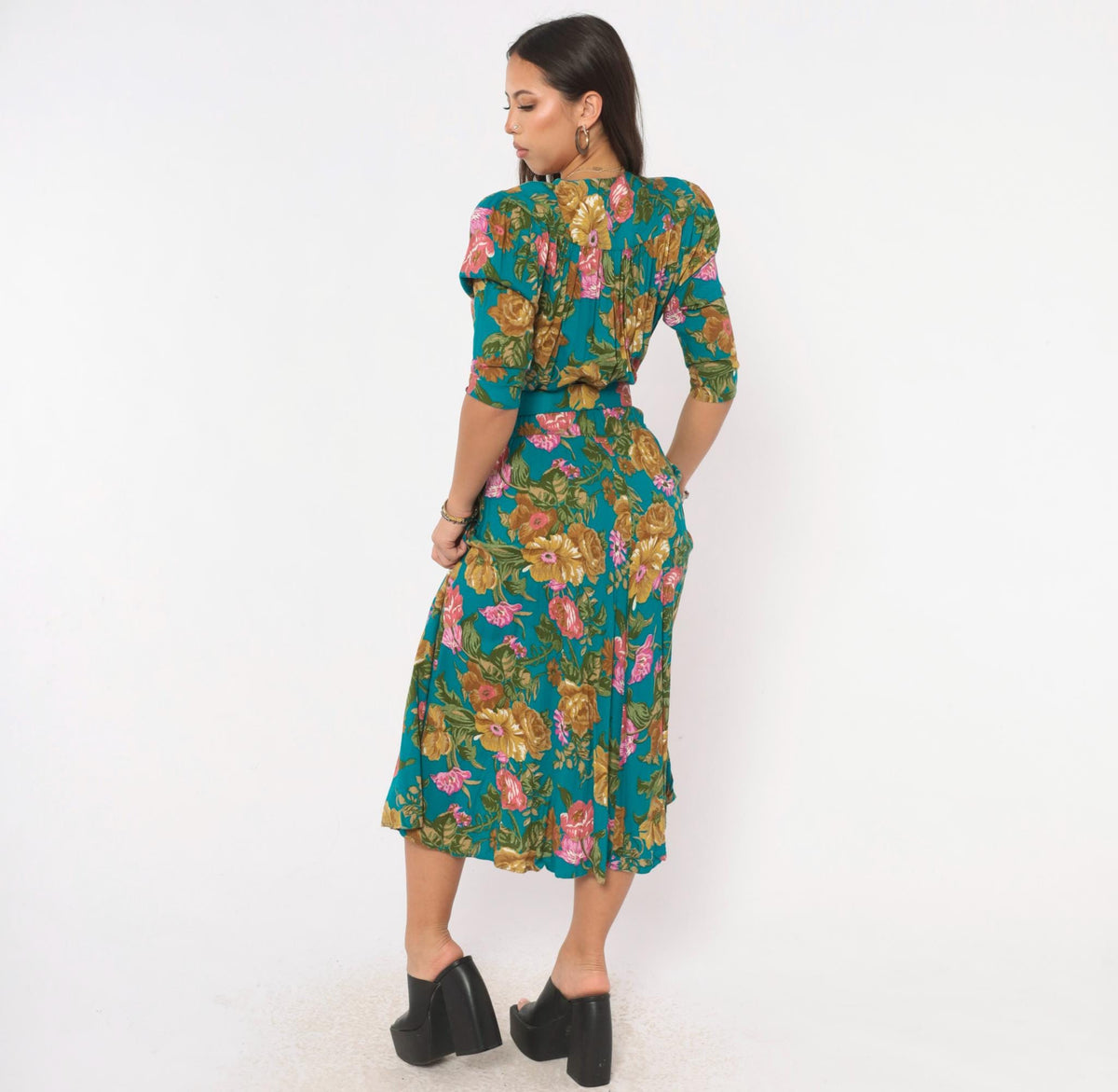 90s Carol Anderson Teal Floral Midi Dress Puff Sleeve Button Front Small S